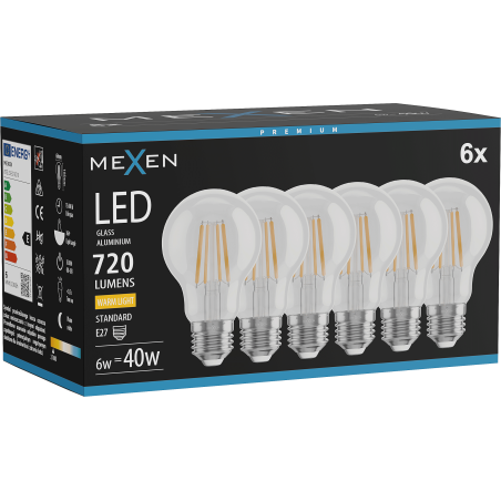 Mexen Vintis 6x LED-Filament-Lampe E27, A60, 6W, Warm - 2700K, 720 lm, klar - L150-E27-0627-00x06