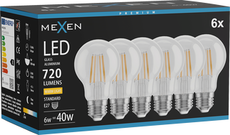 Mexen Vintis 6x LED-Filament-Lampe E27, A60, 6W, Warm - 2700K, 720 lm, klar - L150-E27-0627-00x06
