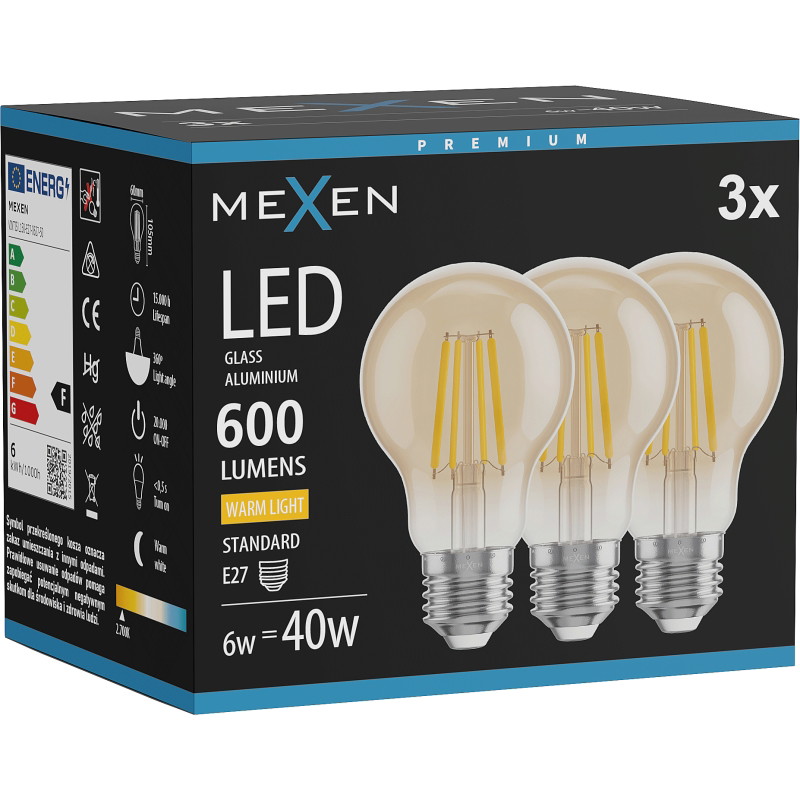 Mexen Vintis 3x LED-Filamentlampe E27, A60, 6W, Warm - 2700K, 600 lm, amber - L150-E27-0627-50x03