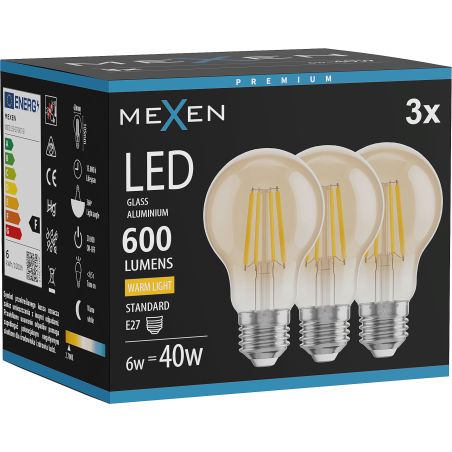 Mexen Vintis 3x LED-Filamentlampe E27, A60, 6W, Warm - 2700K, 600 lm, amber - L150-E27-0627-50x03