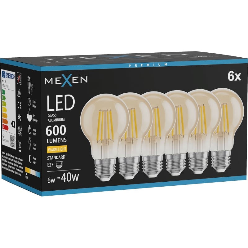 Mexen Vintis 6x LED-Filament-Glühbirne E27, A60, 6W, Warm - 2700K, 600 lm, amber - L150-E27-0627-50x06