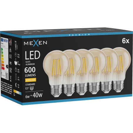 Mexen Vintis 6x LED-Filament-Glühbirne E27, A60, 6W, Warm - 2700K, 600 lm, amber - L150-E27-0627-50x06
