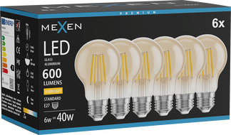 Mexen Vintis 6x LED-Filament-Glühbirne E27, A60, 6W, Warm - 2700K, 600 lm, amber - L150-E27-0627-50x06