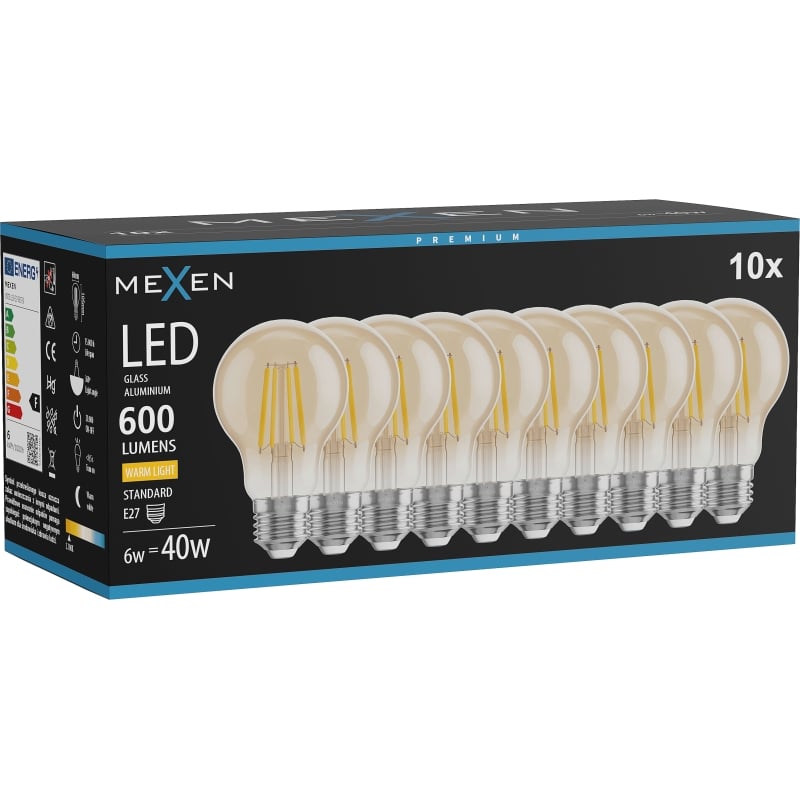 Mexen Vintis 10x LED-Filamentlampe E27, A60, 6W, Warm - 2700K, 600 lm, Amber - L150-E27-0627-50x10