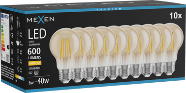 Mexen Vintis 10x LED-Filamentlampe E27, A60, 6W, Warm - 2700K, 600 lm, Amber - L150-E27-0627-50x10