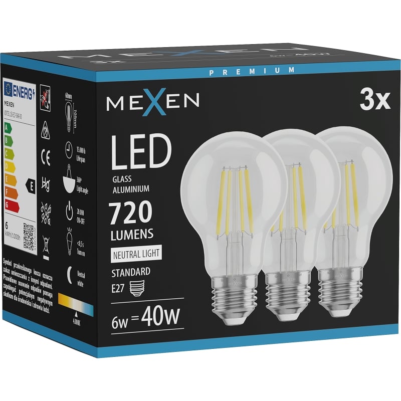 Mexen Vintis 3x LED-Filament-Glühbirne E27, A60, 6W, Neutral - 4000K, 720 lm, klar - L150-E27-0640-00x03