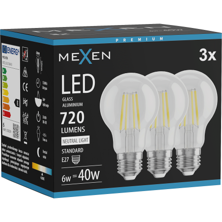 Mexen Vintis 3x LED-Filament-Glühbirne E27, A60, 6W, Neutral - 4000K, 720 lm, klar - L150-E27-0640-00x03