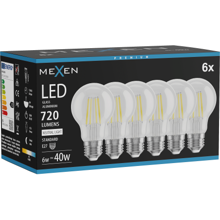 Mexen Vintis 6x LED-Filament-Glühbirne E27, A60, 6W, Neutral - 4000K, 720 lm, klar - L150-E27-0640-00x06