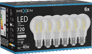 Mexen Vintis 6x LED-Filament-Glühbirne E27, A60, 6W, Neutral - 4000K, 720 lm, klar - L150-E27-0640-00x06