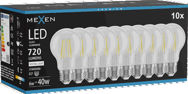 Mexen Vintis 10x LED-Filamentlampe E27, A60, 6W, Neutral - 4000K, 720 lm, klar - L150-E27-0640-00x10