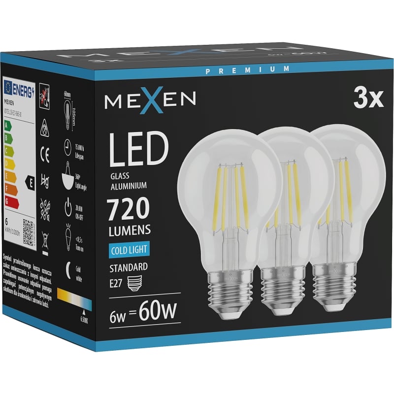 Mexen Vintis 3x LED-Filamentlampe E27, A60, 6W, Kalt - 6500K, 720 lm, klar - L150-E27-0665-00x03