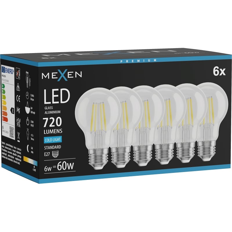 Mexen Vintis 6x LED-Filament-Glühbirne E27, A60, 6W, Kalt - 6500K, 720 lm, klar - L150-E27-0665-00x06