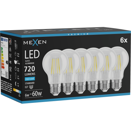 Mexen Vintis 6x LED-Filament-Glühbirne E27, A60, 6W, Kalt - 6500K, 720 lm, klar - L150-E27-0665-00x06