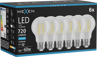 Mexen Vintis 6x LED-Filament-Glühbirne E27, A60, 6W, Kalt - 6500K, 720 lm, klar - L150-E27-0665-00x06