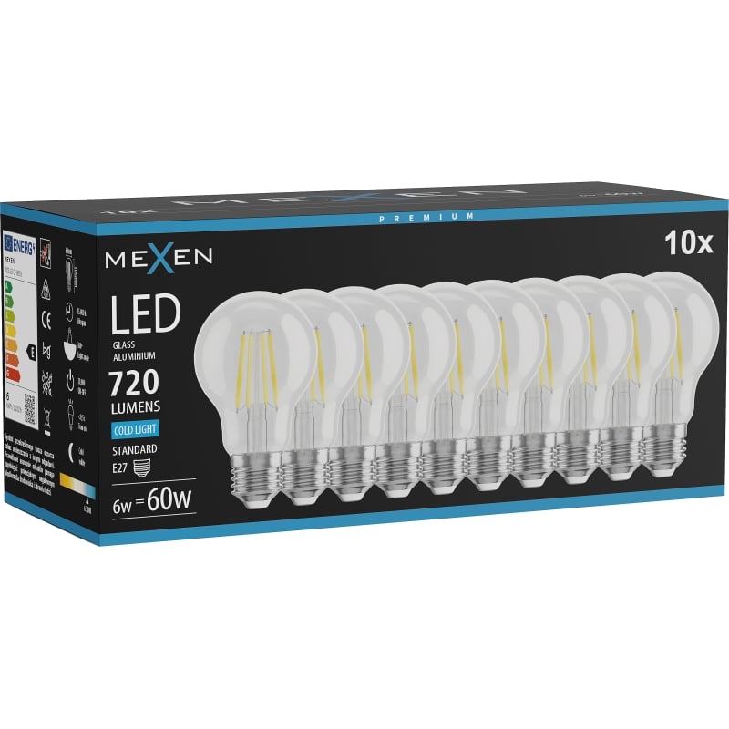 Mexen Vintis 10x LED-Filamentlampe E27, A60, 6W, Kalt - 6500K, 720 lm, klar - L150-E27-0665-00x10