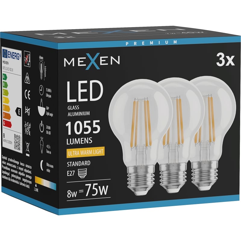 Mexen Vintis 3x LED-Filamentlampe E27, A60, 8W, Warm - 2200K, 1055 lm, klar - L150-E27-0822-00x03