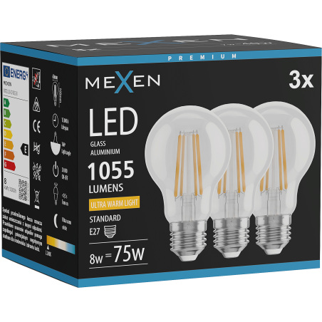 Mexen Vintis 3x LED-Filamentlampe E27, A60, 8W, Warm - 2200K, 1055 lm, klar - L150-E27-0822-00x03