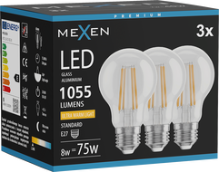 Mexen Vintis 3x LED-Filamentlampe E27, A60, 8W, Warm - 2200K, 1055 lm, klar - L150-E27-0822-00x03