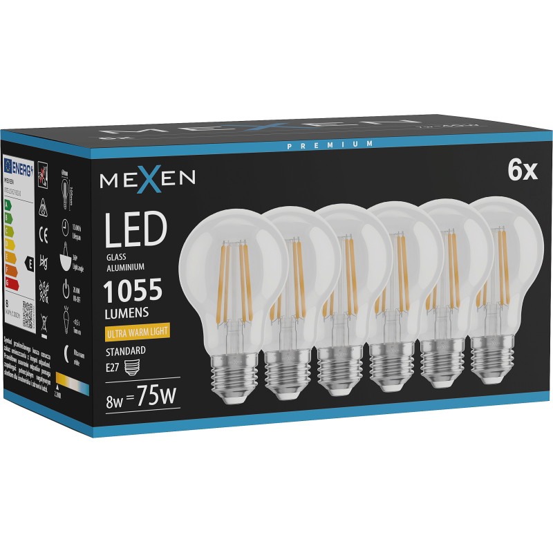 Mexen Vintis 6x LED-Filament-Glühbirne E27, A60, 8W, Warm - 2200K, 1055 lm, klar - L150-E27-0822-00x06