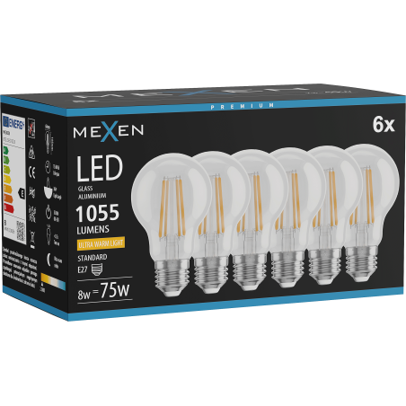 Mexen Vintis 6x LED-Filament-Glühbirne E27, A60, 8W, Warm - 2200K, 1055 lm, klar - L150-E27-0822-00x06