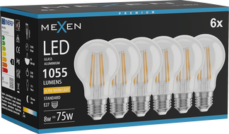 Mexen Vintis 6x LED-Filament-Glühbirne E27, A60, 8W, Warm - 2200K, 1055 lm, klar - L150-E27-0822-00x06