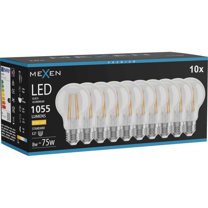 Mexen Vintis 10x LED Filament Glühbirne E27, A60, 8W, Warm - 2200K, 1055 lm, klar - L150-E27-0822-00x10