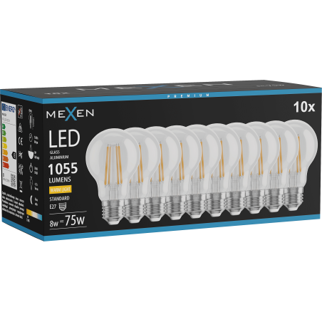 Mexen Vintis 10x LED Filament Glühbirne E27, A60, 8W, Warm - 2200K, 1055 lm, klar - L150-E27-0822-00x10