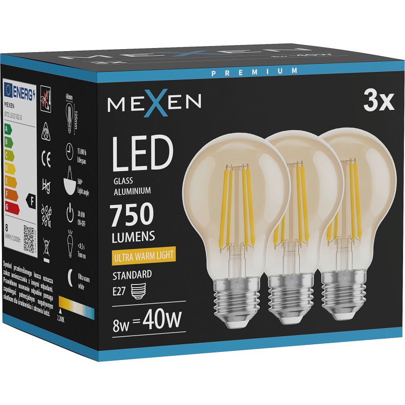 Mexen Vintis 3x LED-Filament-Glühbirne E27, A60, 8W, Warm - 2200K, 750 lm, amber - L150-E27-0822-50x03