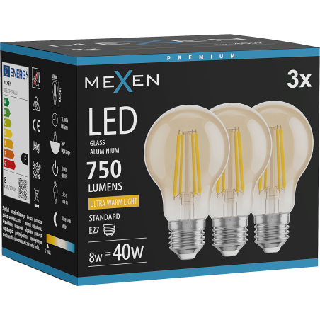 Mexen Vintis 3x LED-Filament-Glühbirne E27, A60, 8W, Warm - 2200K, 750 lm, amber - L150-E27-0822-50x03