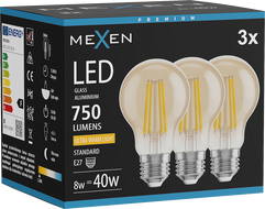 Mexen Vintis 3x LED-Filament-Glühbirne E27, A60, 8W, Warm - 2200K, 750 lm, amber - L150-E27-0822-50x03