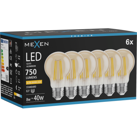 Mexen Vintis 6x LED-Filament-Glühbirne E27, A60, 8W, Warm - 2200K, 750 lm, bernstein - L150-E27-0822-50x06
