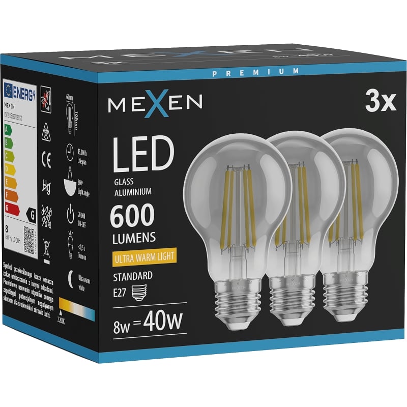 Mexen Vintis 3x LED-Filament-Leuchtmittel E27, A60, 8W, Warm - 2200K, 600 lm, Rauch - L150-E27-0822-70x03