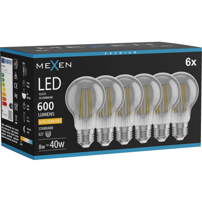 Mexen Vintis 6x LED-Filament-Glühbirne E27, A60, 8W, Warm - 2200K, 600 lm, Smoke - L150-E27-0822-70x06