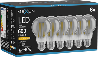 Mexen Vintis 6x LED-Filament-Glühbirne E27, A60, 8W, Warm - 2200K, 600 lm, Smoke - L150-E27-0822-70x06