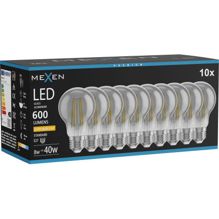Mexen Vintis 10x Filament-LED-Lampe E27, A60, 8W, Warm - 2200K, 600 lm, Smoke - L150-E27-0822-70x10