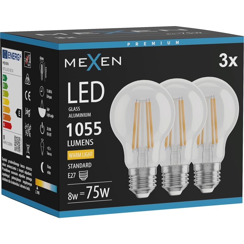 Mexen Vintis 3x LED-Filament-Glühbirne E27, A60, 8W, Warm - 2700K, 1055 lm, klar - L150-E27-0827-00x03