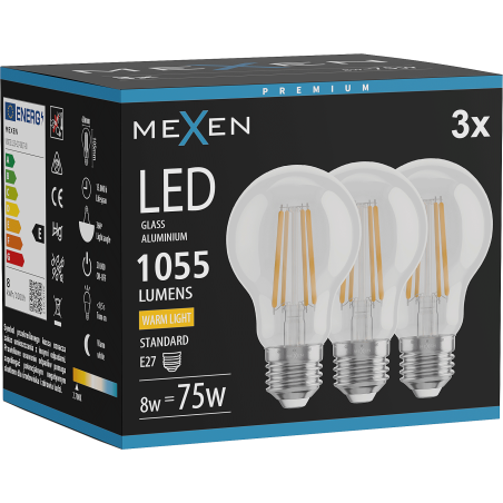 Mexen Vintis 3x LED-Filament-Glühbirne E27, A60, 8W, Warm - 2700K, 1055 lm, klar - L150-E27-0827-00x03