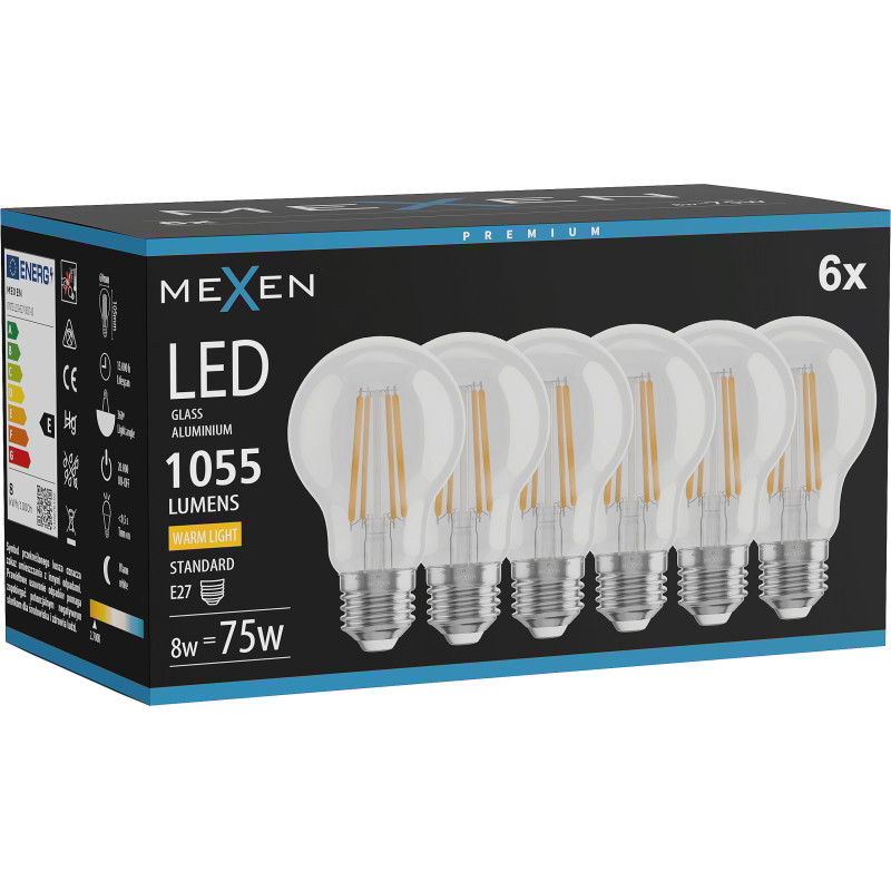 Mexen Vintis 6x LED Filamentlampe E27, A60, 8W, Warm - 2700K, 1055 lm, klar - L150-E27-0827-00x06