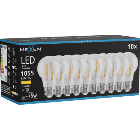 Mexen Vintis 10x LED Filament Glühbirne E27, A60, 8W, Warm - 2700K, 1055 lm, klar - L150-E27-0827-00x10