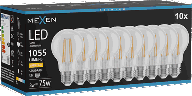 Mexen Vintis 10x LED Filament Glühbirne E27, A60, 8W, Warm - 2700K, 1055 lm, klar - L150-E27-0827-00x10