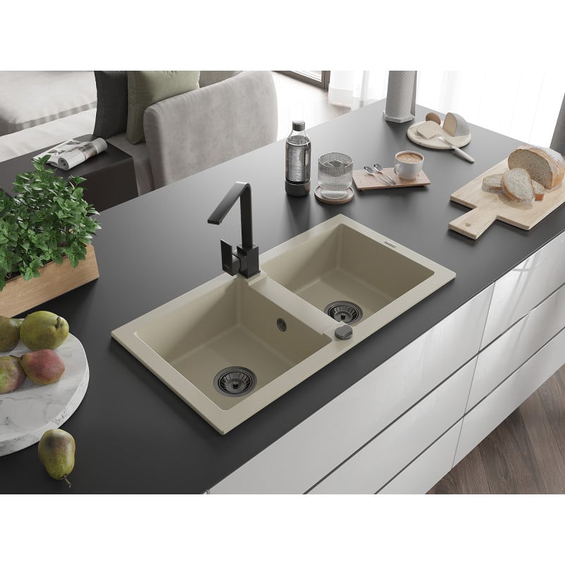 Mexen Mario Granitspüle 2-Kammer mit Küchenarmatur Rita, beige - 6504-69-670300-70