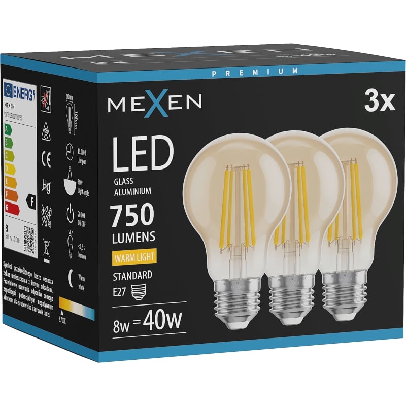 Mexen Vintis 3x LED-Filamentlampe E27, A60, 8W, Warm - 2700K, 750 lm, Bernstein - L150-E27-0822-50x03 - L150-E27-0827-50x03