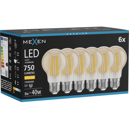 Mexen Vintis 6x LED-Filament-Glühbirne E27, A60, 8W, Warm - 2700K, 750 lm, amber - L150-E27-0822-50x06 - L150-E27-0827-50x06