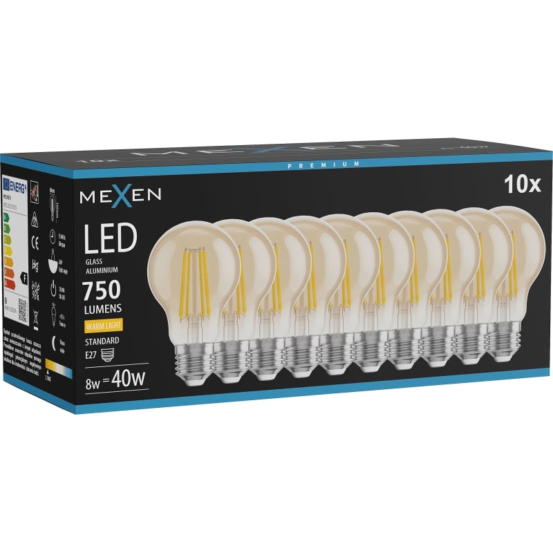 Mexen Vintis 10x LED-Filamentlampe E27, A60, 8W, Warm - 2700K, 750 lm, amber - L150-E27-0822-50x10 - L150-E27-0827-50x10