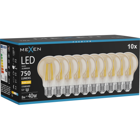 Mexen Vintis 10x LED-Filamentlampe E27, A60, 8W, Warm - 2700K, 750 lm, amber - L150-E27-0822-50x10 - L150-E27-0827-50x10