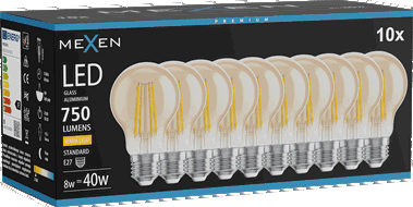 Mexen Vintis 10x LED-Filamentlampe E27, A60, 8W, Warm - 2700K, 750 lm, amber - L150-E27-0822-50x10 - L150-E27-0827-50x10