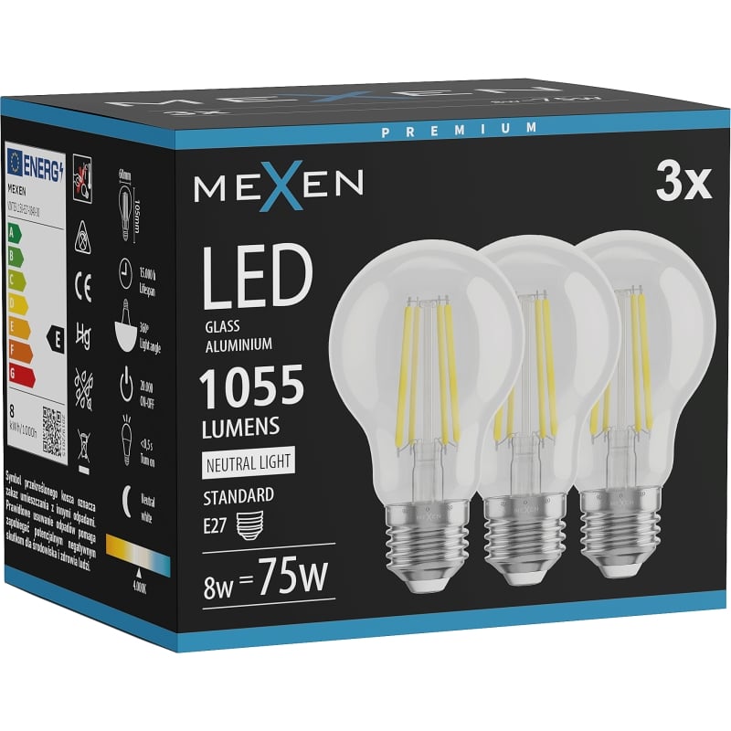 Mexen Vintis 3x LED-Filament-Glühbirne E27, A60, 8W, Neutral - 4000K, 1055 lm, klar - L150-E27-0840-00x03