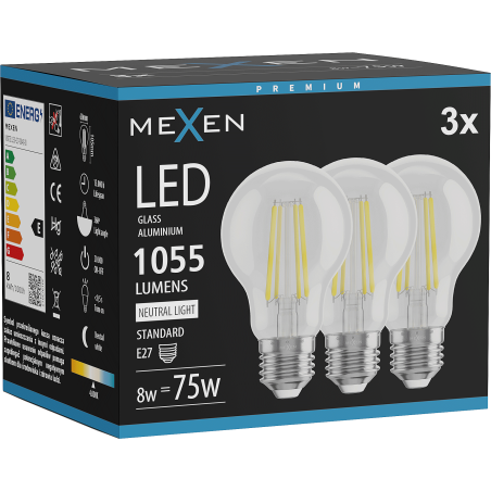 Mexen Vintis 3x LED-Filament-Glühbirne E27, A60, 8W, Neutral - 4000K, 1055 lm, klar - L150-E27-0840-00x03