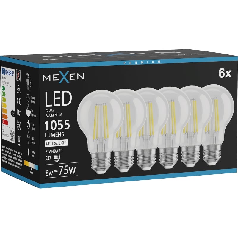 Mexen Vintis 6x LED-Filament-Glühbirne E27, A60, 8W, Neutral - 4000K, 1055 lm, klar - L150-E27-0840-00x06