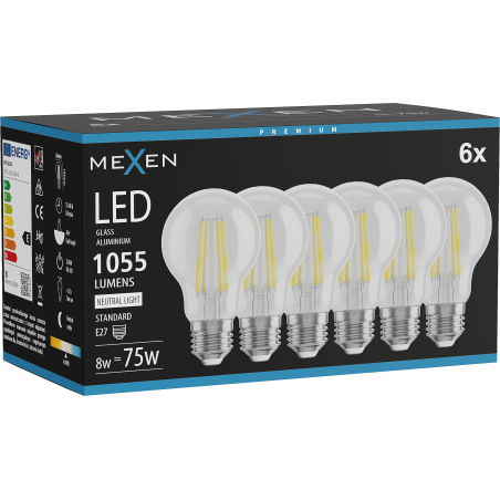 Mexen Vintis 6x LED-Filament-Glühbirne E27, A60, 8W, Neutral - 4000K, 1055 lm, klar - L150-E27-0840-00x06